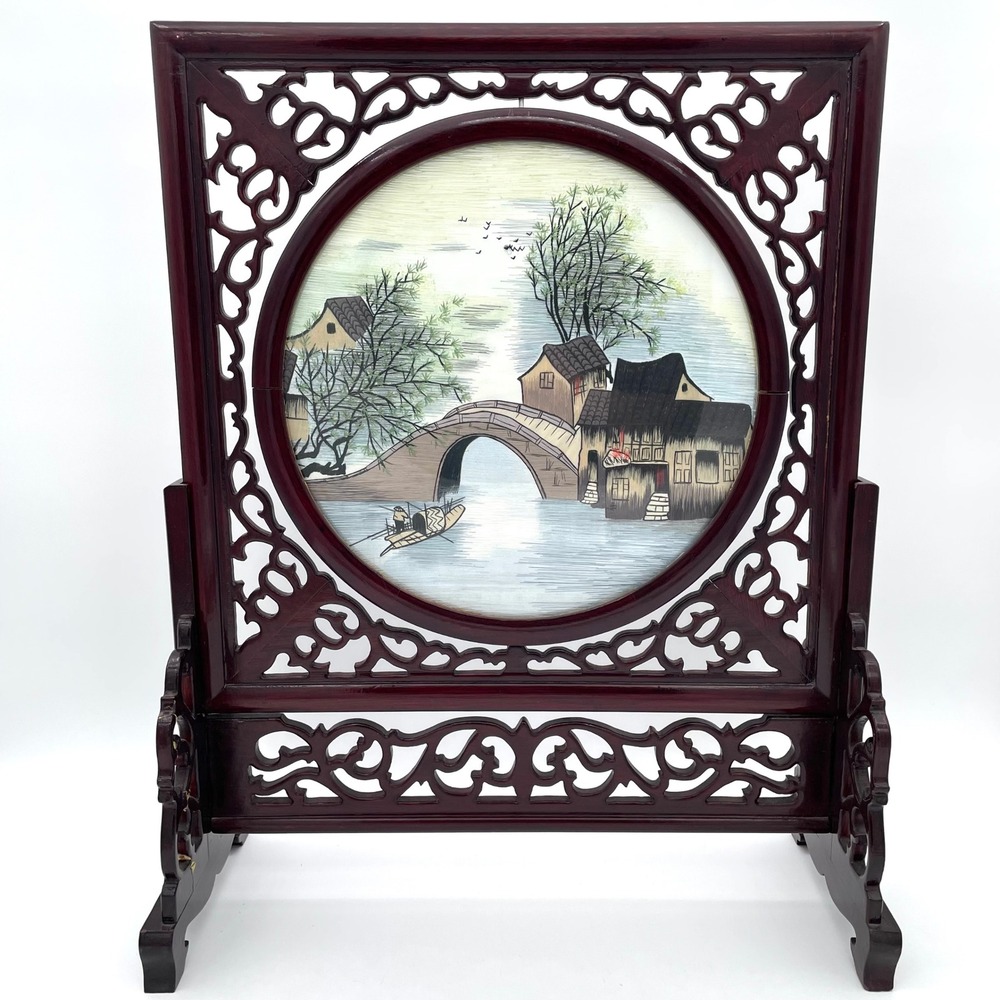 Handmade Silk Table Screen Village Cherry Wood Vintage Art Brown Good